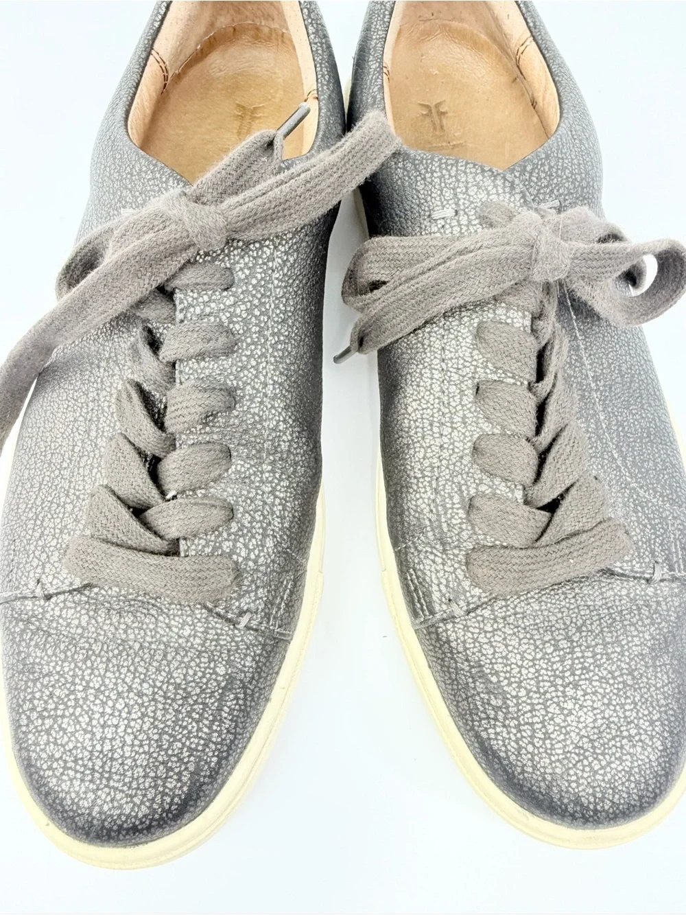 Frye IVY Metallic Pewter Gray Leather Lace Up Low Profile Casual Sneakers
